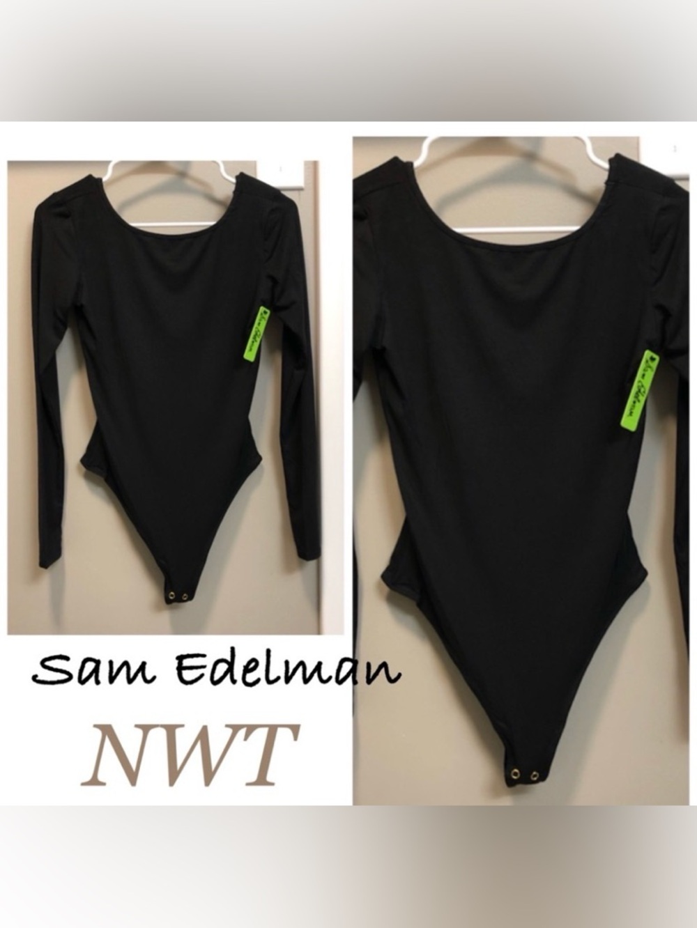 𝗡𝗪𝗧 boatneck black BUTTER-SOFT bodysuit long sleeves thong snap Sam Edelman M